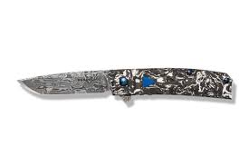 Benchmade Gold Class Tengu Flipper 601-211 - 2.77 inch BiFrost Damasteel tanto with white and black marbled carbon fiber handle and blue G10 shields