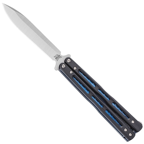 Benchmade Morpho 51 front view – 4.25″ satin D2 modified spear point balisong butterfly knife, black G10