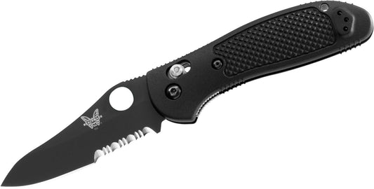 Benchmade Griptilian 550SBKHG front view – 3.45" black 154CM sheepsfoot combo edge folding knife with thumb-hole opener
