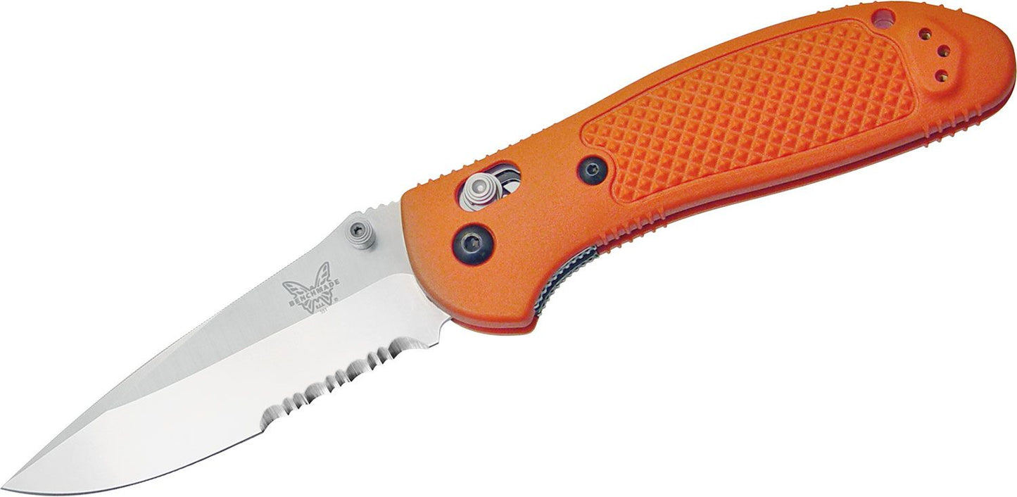 Benchmade Griptilian 551SORG folding knife, satin 154CM combo edge drop point, orange Valox handle, open side profile