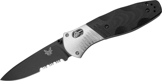 Benchmade Barrage 581SBK front view – 3.60" black M390 combo edge drop point assisted opening folding knife with black G10 and aluminum bolster handle