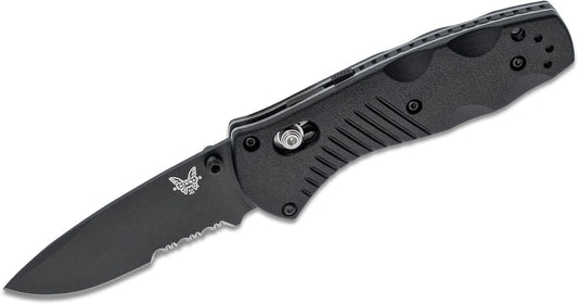 Benchmade Mini Barrage 585SBK front view – 2.91″ black 154CM combo edge drop point AXIS Assist folding knife