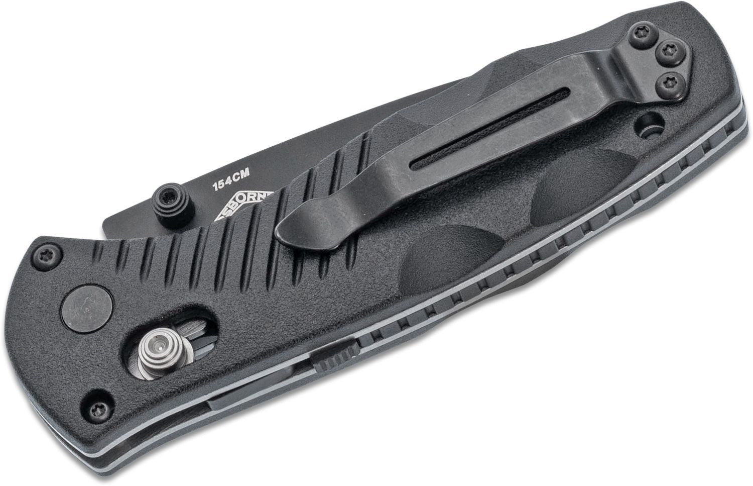 Benchmade Mini Barrage 585SBK reverse side with pocket clip and 154CM blade marking