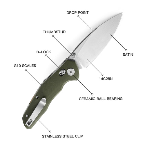 BESTECHMAN RONAN BMK02B: 3.26" 14C28N Steel Blade, G10 Scales, B-Lock, Folding Knife. OD Green.