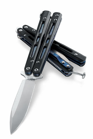 Benchmade Mini Morpho 32 front view – 3.25″ satin D2 modified spear point balisong butterfly knife, black G10