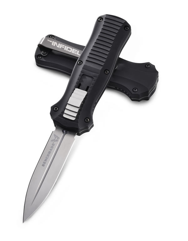 Benchmade Mini Infidel 3350 blade detail - D2 double-edge spear point OTF automatic
