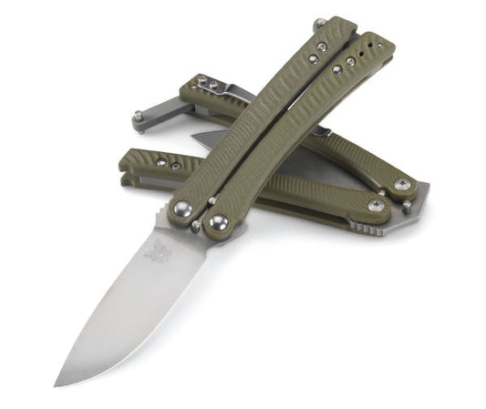 Benchmade 53 Mangus Bali-Song front view – 3.15" stonewash D2 butterfly knife with green G10 handles