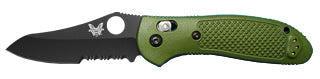 Benchmade Griptilian 550SBKHGOD front view - 3.45 inch black serrated 154CM hollow-ground sheepsfoot, olive drab Valox handle