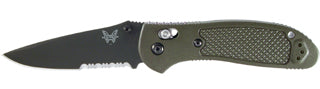 Benchmade Griptilian 551SBKOD front view – 3.45" black 154CM drop point combo edge folding knife with olive drab handle