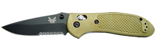 Benchmade Griptilian 551SBKSN front view – 3.45" black 154CM drop point combo edge folding knife with sand handle