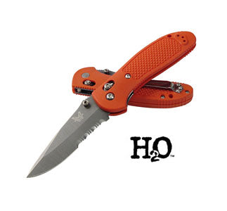 Benchmade Griptilian 551SH2O H2O folding knife, X15 T.N. combo edge blade, orange handle, open side profile