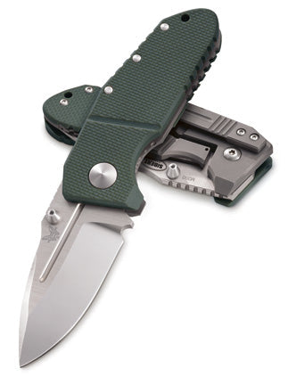 Benchmade MPR 755 open view - 2.90 inch satin M390 drop point blade with titanium monolock frame and green G10 scales