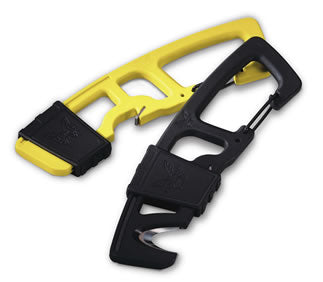 Benchmade 9CB-BLK strap cutter carabiner front view – 440C rescue hook, black Grivory