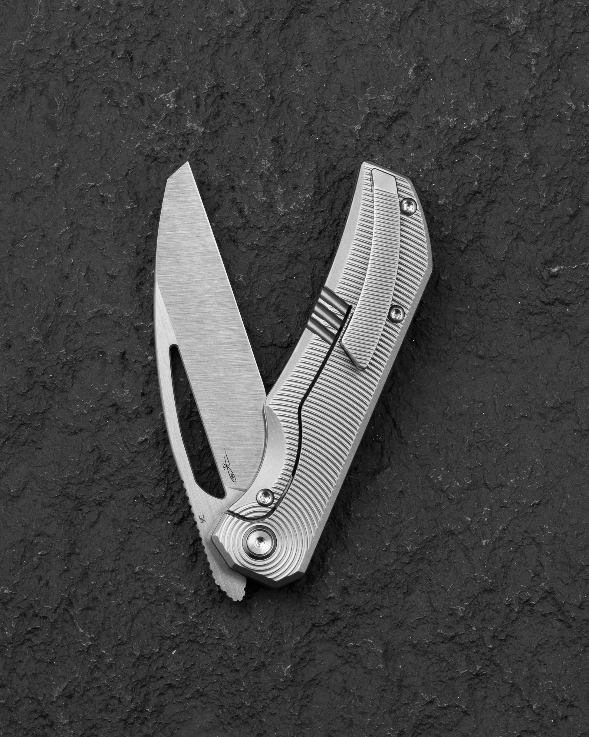 Bestech Mini Taipan BT2603C Bead Blasted Titanium Pocket Clip Folding Knife Detail