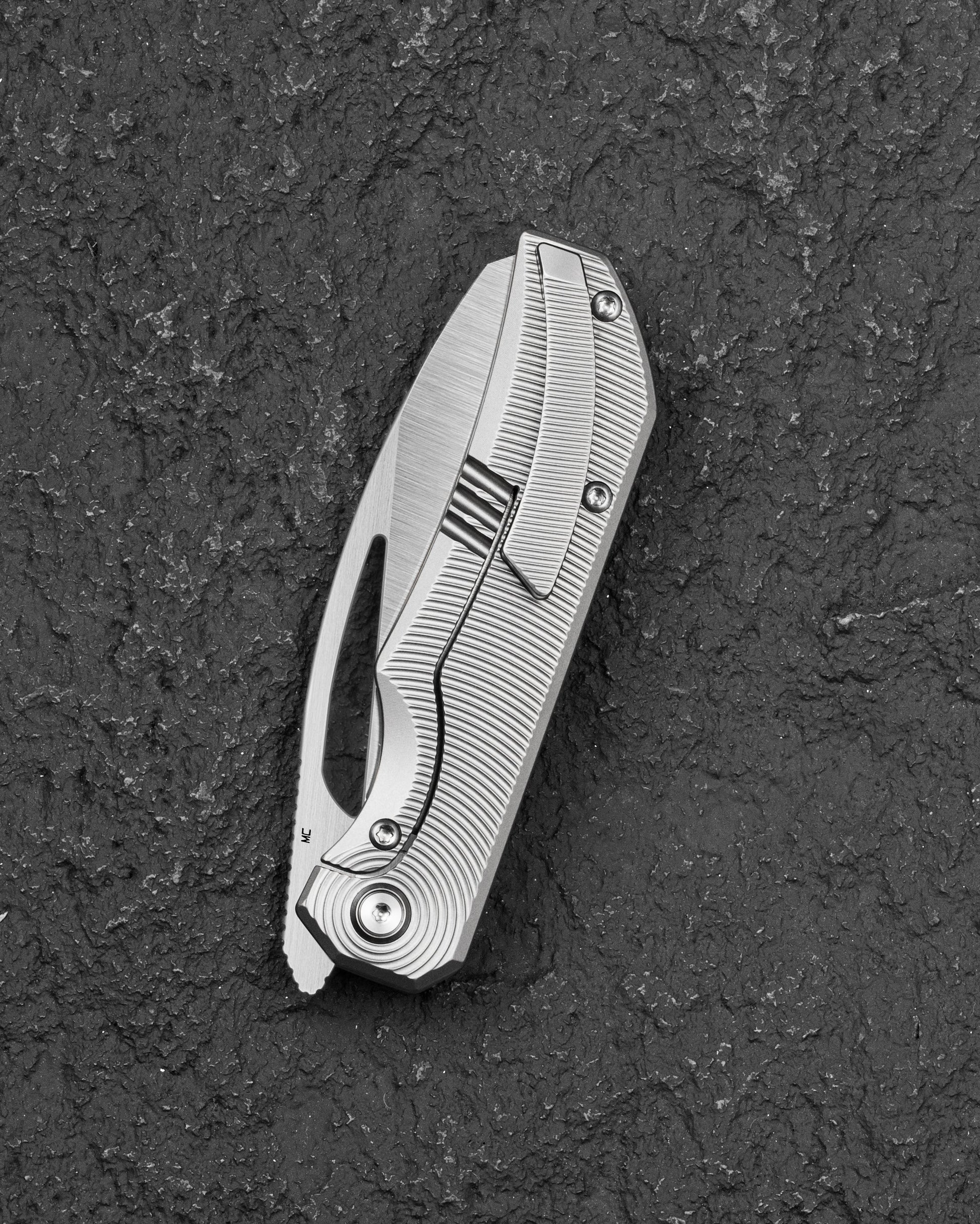Bestech Mini Taipan BT2603C Bead Blasted Titanium Handle Knife Closed Position