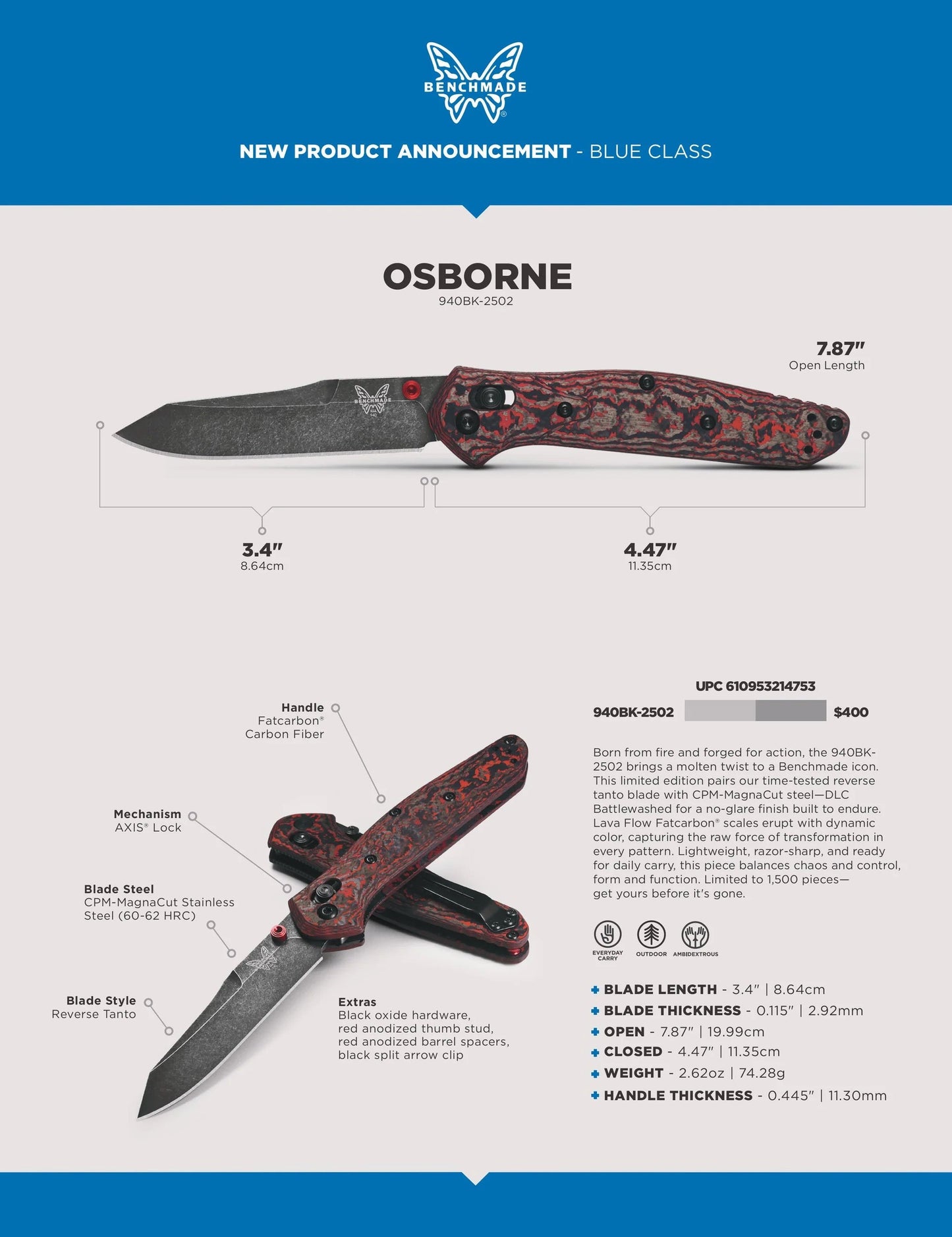 Benchmade Osborne 940BK-2502 blade detail, CPM-MagnaCut reverse tanto