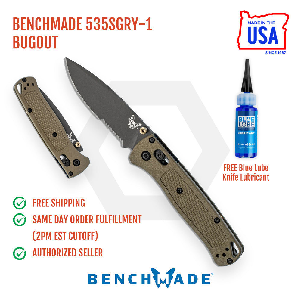 Benchmade Bugout 535SGRY-1 – 3.24″ CPM-S30V serrated drop point EDC folding knife, Storm Gray Grivory