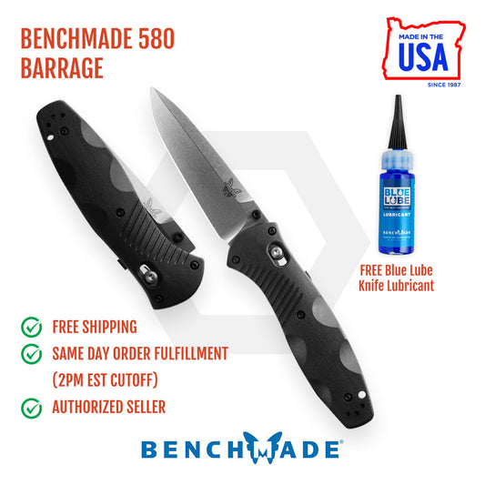 Benchmade 580 Barrage folding knife with black handle and stainless steel blade, accompanied by a bottle of blue lube. The knife is advertised with a 'Free Blue Lube' offer and indicates it is made in the USA.