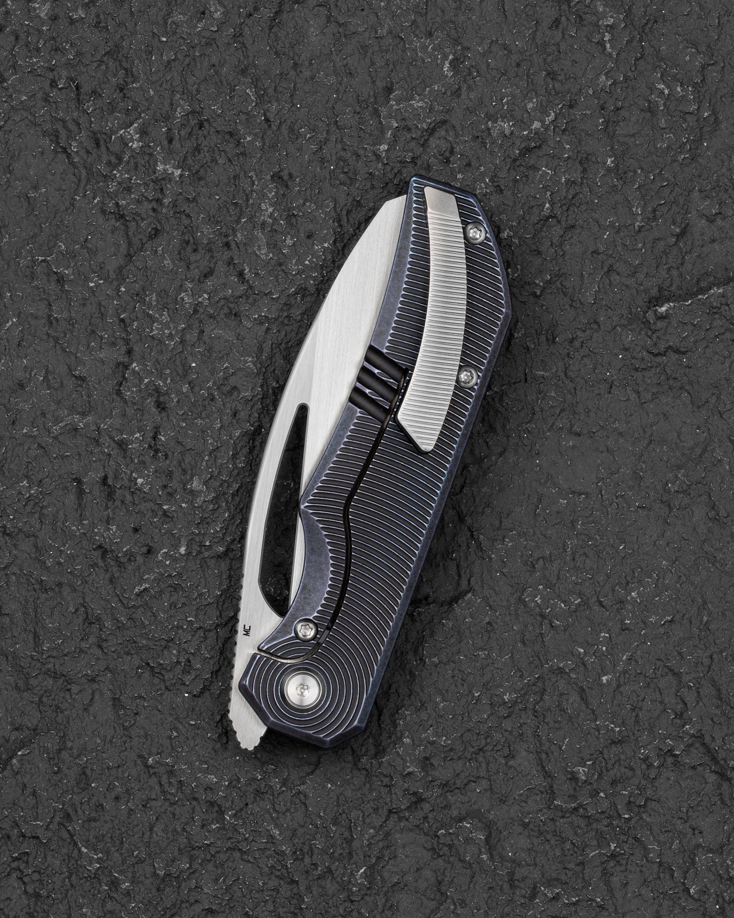 Bestech Mini Taipan BT2603D Blue Stonewashed Titanium Handle Knife Open Position