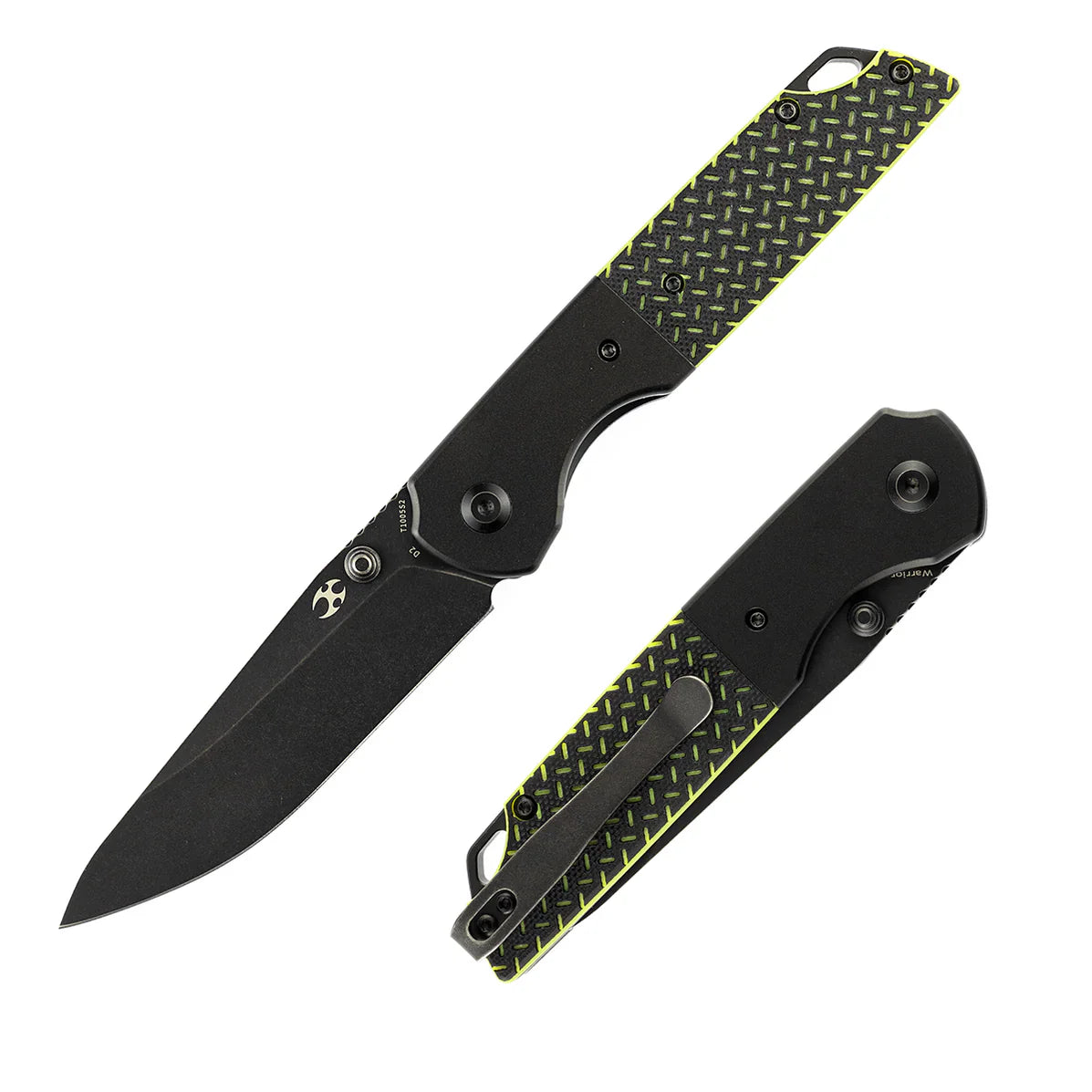 Kansept Warrior T1005S2 â€“ Black TiCN/Stonewashed Drop Point D2 Blade, Black & Green G10 Handle, Kim Ning Design