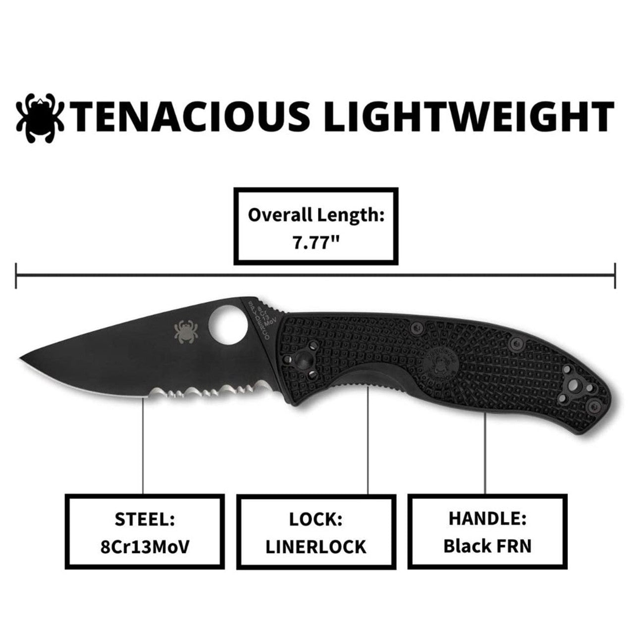 Spyderco Tenacious Lightweight Folding Knife – 3.39" Black Combo Edge Blade, Black FRN Handle, LinerLock – Model C122PSBBK