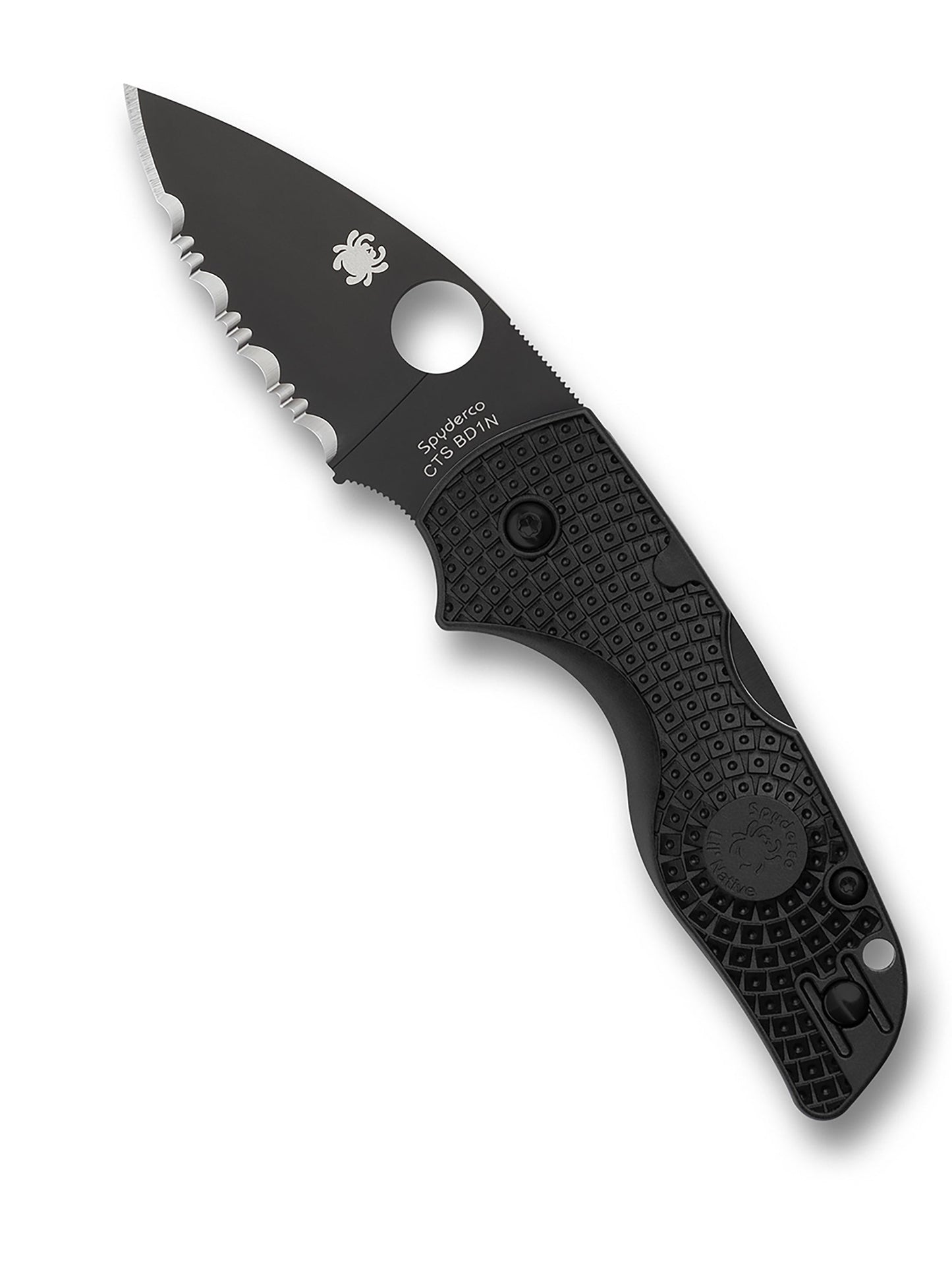 Spyderco Lil' Native Lightweight C230SBBK open position showing serrated black DLC CTS BD1N SpyderEdge blade