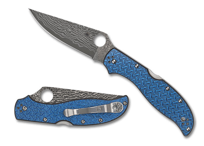 Spyderco Stretch 2 XL Sprint Run 3.96" Damascus BLUE Nishijin Glass Fiber Handles - C258GFBLP