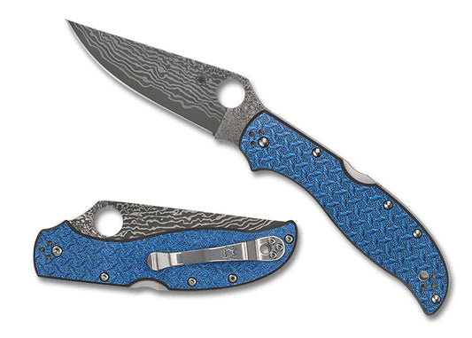 Spyderco Stretch 2 XL Sprint Run 3.96" Damascus BLUE Nishijin Glass Fiber Handles - C258GFBLP