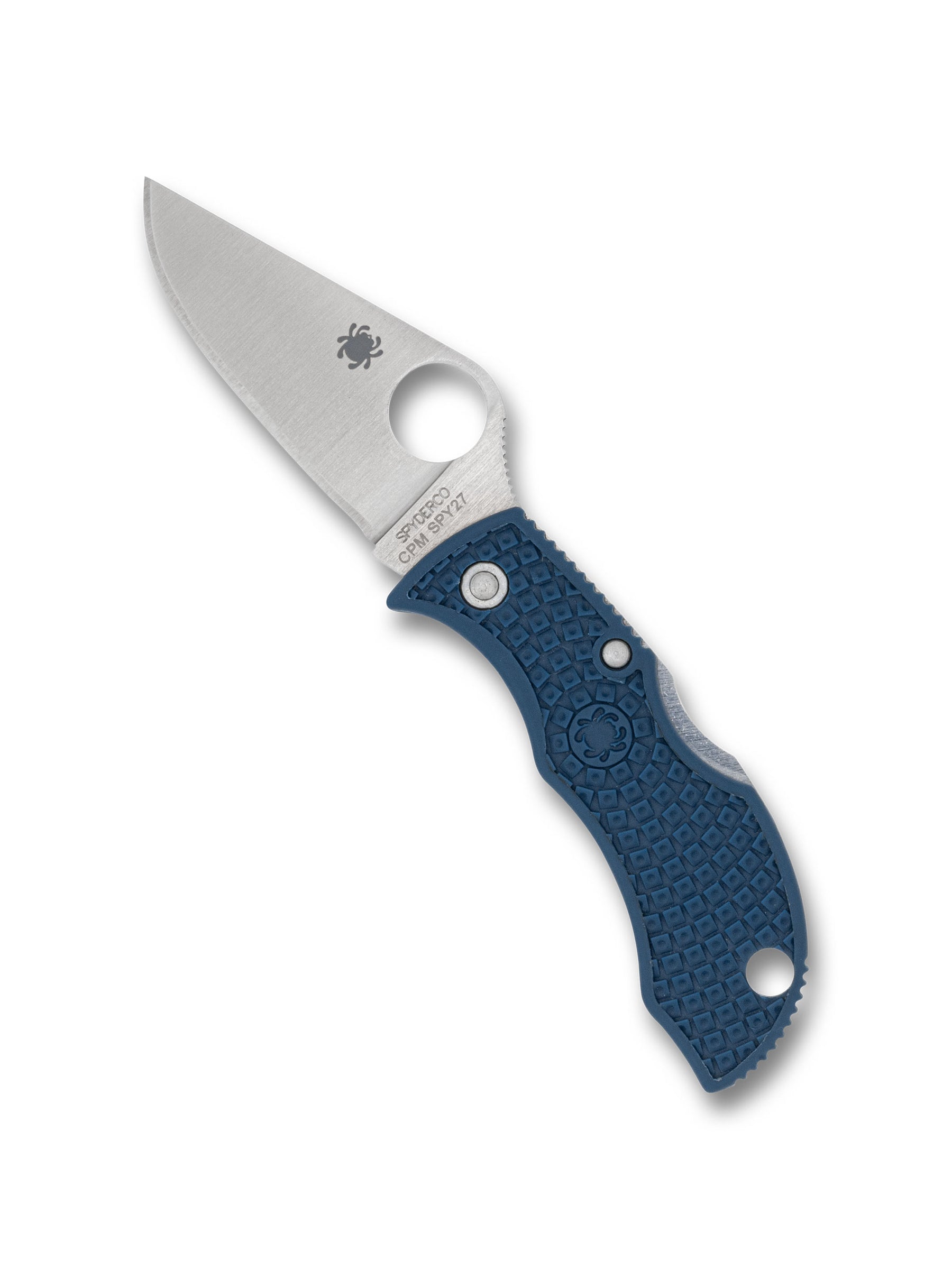 Spyderco Manbug MPCBL folding knife open, satin CPM SPY27 leaf-shaped PlainEdge blade detail