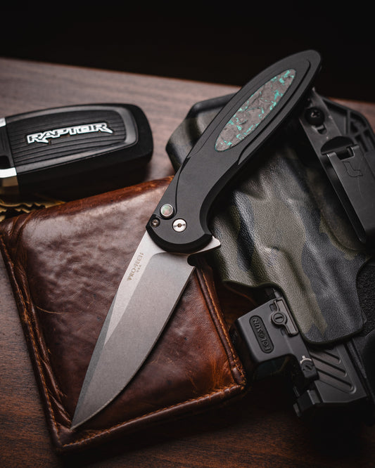 Pro-Tech Cambria 2 Black Aluminum Handle TechnoCarbo Teal Inlay Stonewashed Magacut Blade