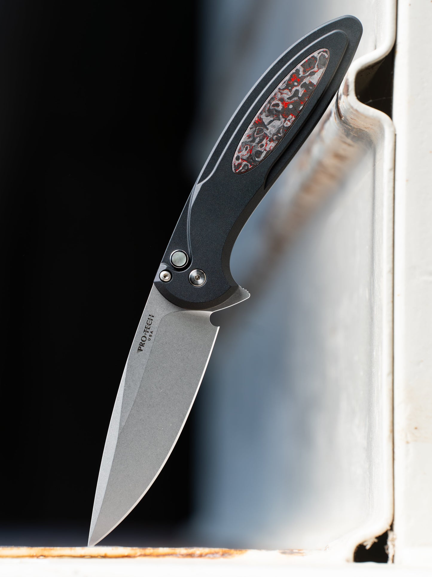 Pro-Tech Cambria Flipper Black Aluminum Handle TechnoCarbo Red Inlay Stonewashed Magacut Blade