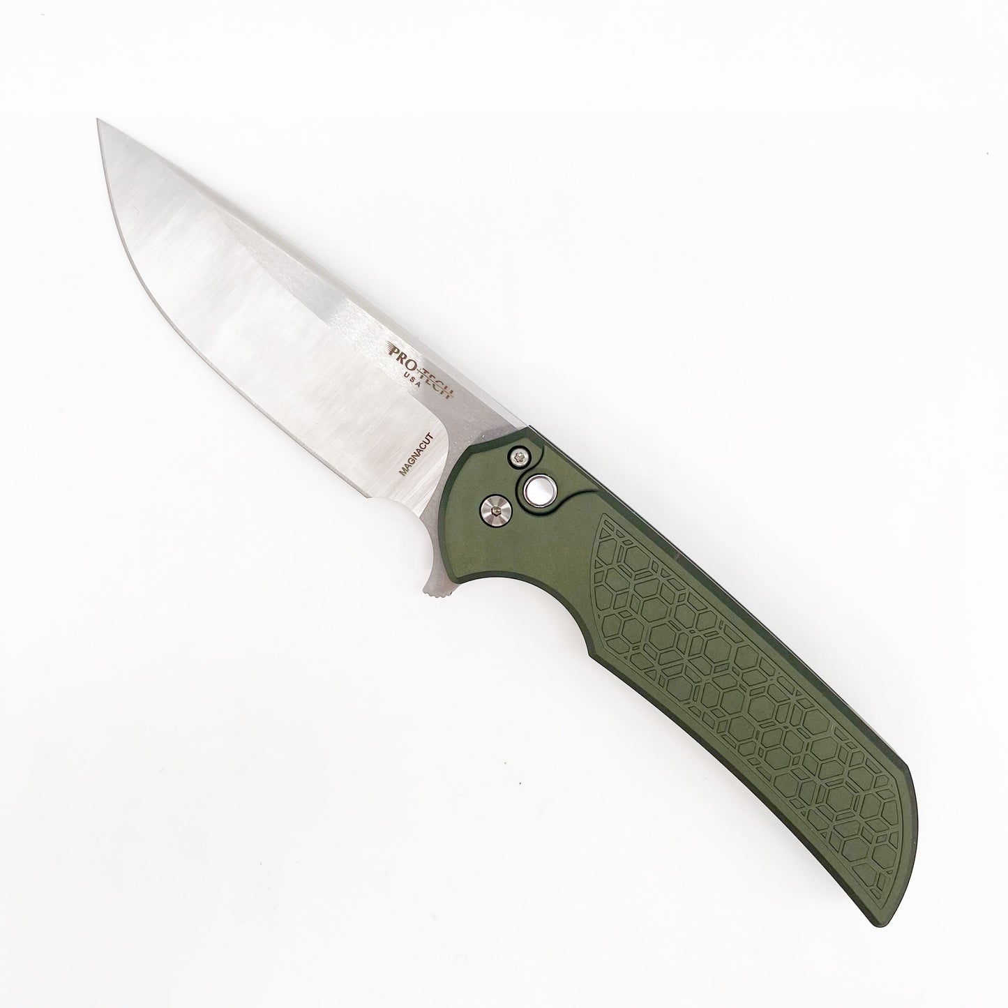 Pro-Tech Mordax Button Lock Folding Knife 3.5in Magnacut Steel Green Aluminum Handles - BSW25.Mordax.1
