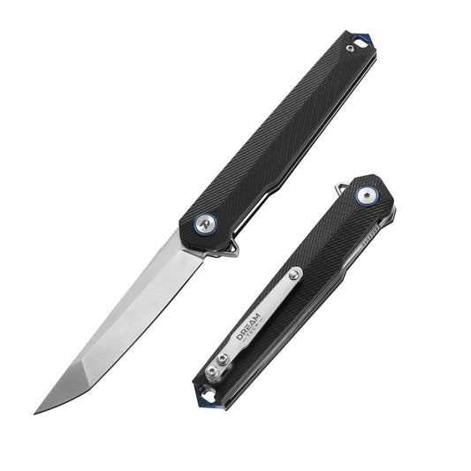 DreamTech D3395GB front view – 3.54" satin D2 tanto folding knife with black G10 handle, shown open and closed