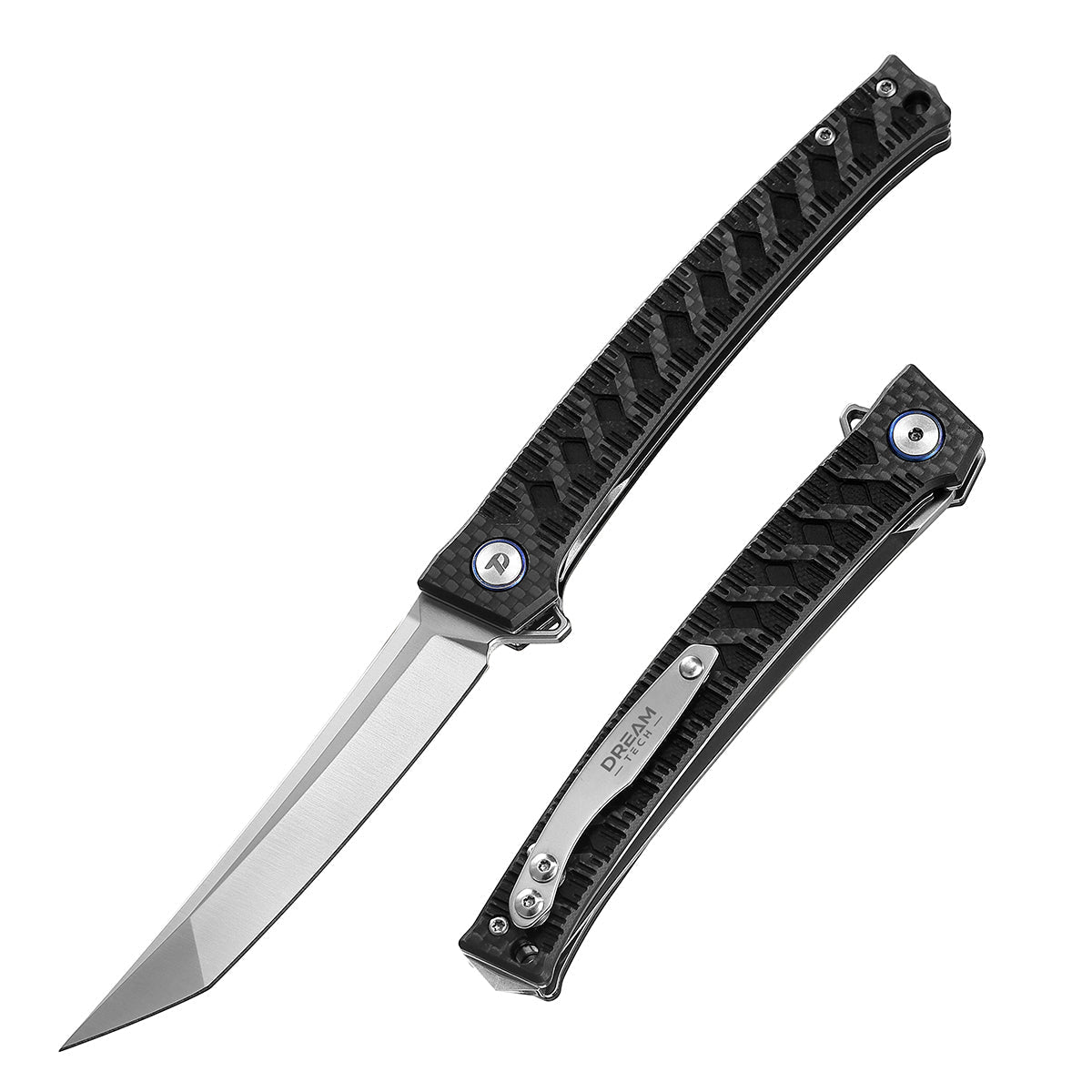 DreamTech D3406C front view, 3.94-inch D2 folding knife with carbon fiber and G10 handle