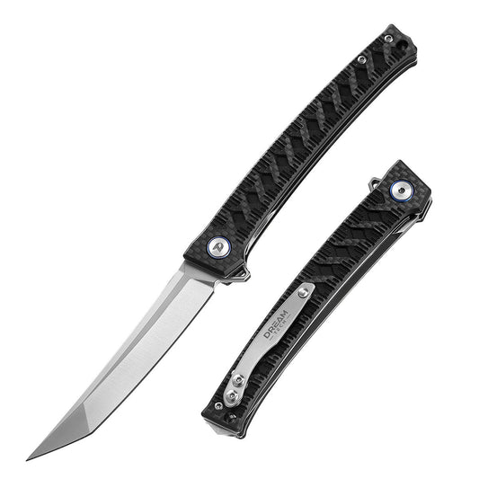 DreamTech D3406C front view, 3.94-inch D2 folding knife with carbon fiber and G10 handle