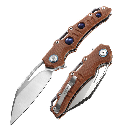 DreamTech D3502MO front view, 3.54-inch D2 folding knife with micarta handle