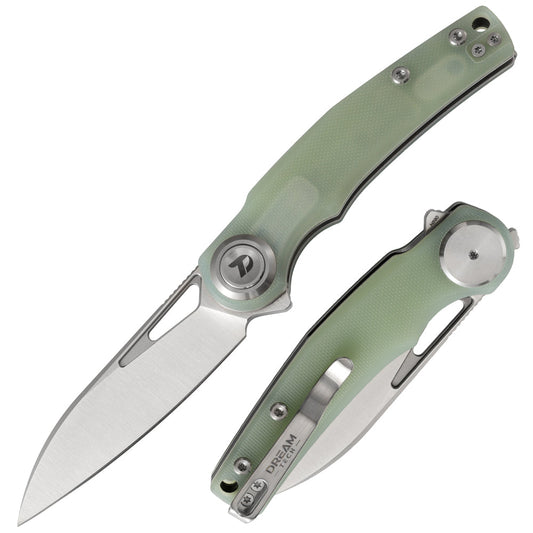 DreamTech D4130GJ front view, 3.15-inch satin D2 drop point folding knife with G10 handle