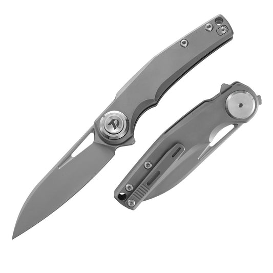 DreamTech D4130TG front view, 3.19-inch M390 folding knife with titanium handle