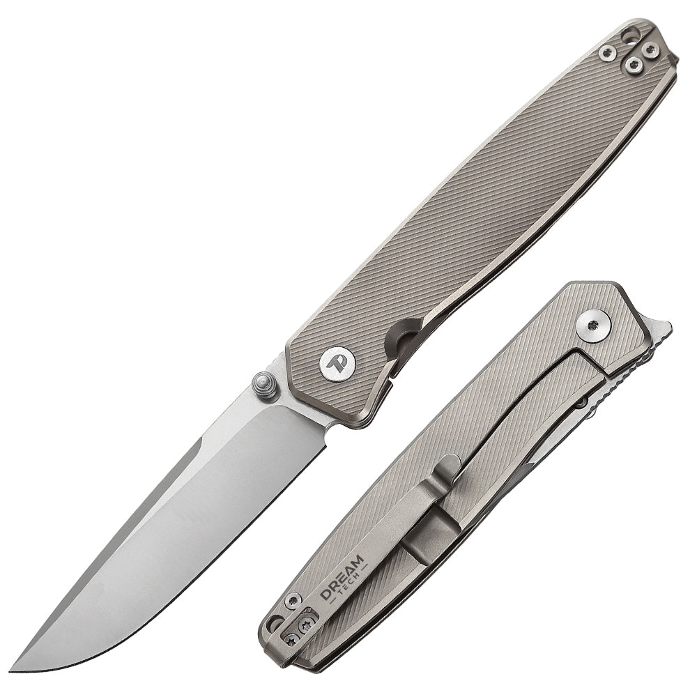 DreamTech D4194TG front view, 3.39-inch D2 folding knife with titanium handle