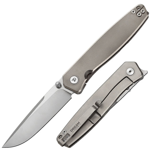 DreamTech D4194TG front view, 3.39-inch D2 folding knife with titanium handle