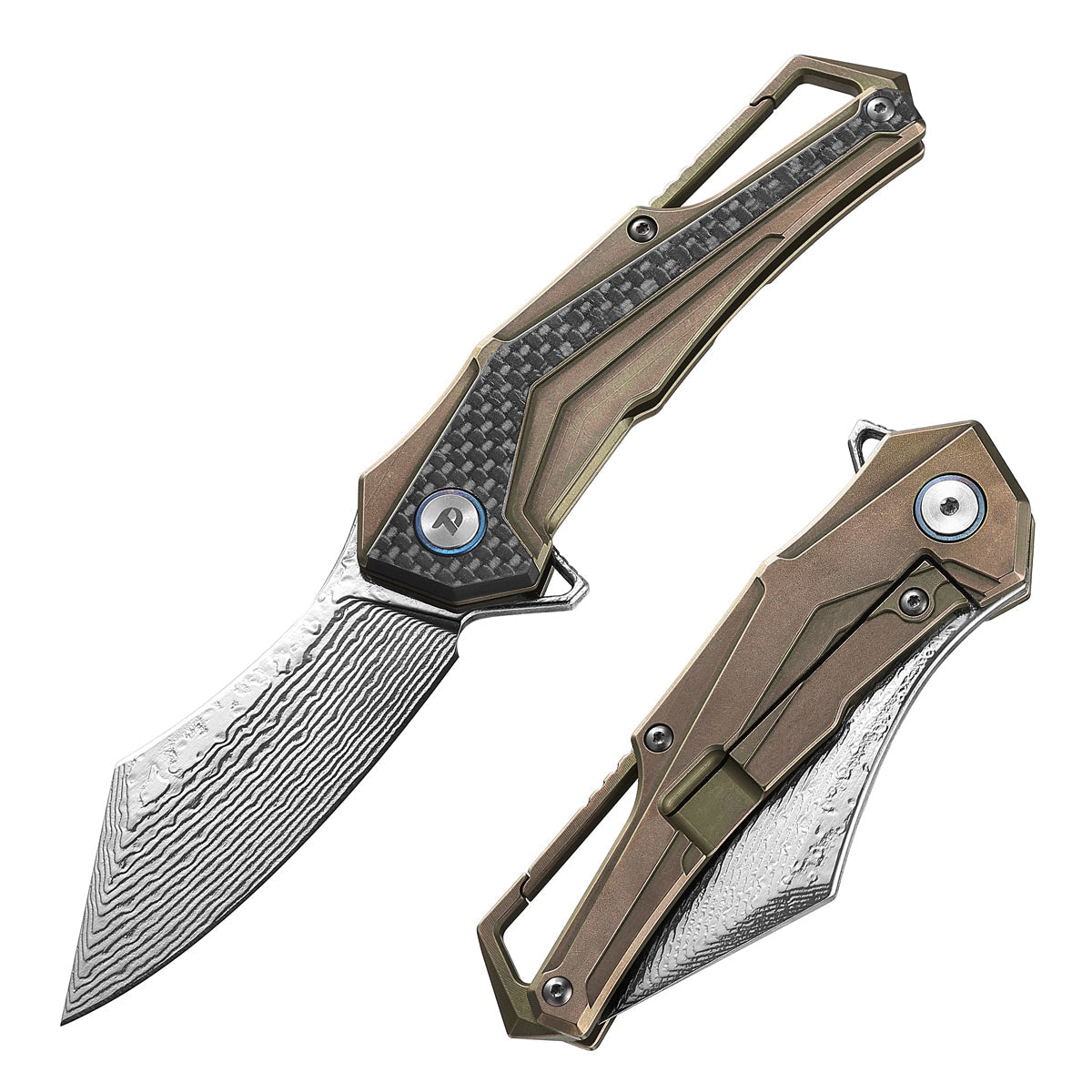 DreamTech D7412BR front view, 2.95-inch Damascus folding knife with titanium and carbon fiber handle