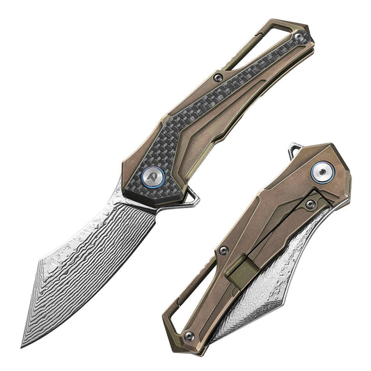 DreamTech D7412BR front view, 2.95-inch Damascus folding knife with titanium and carbon fiber handle