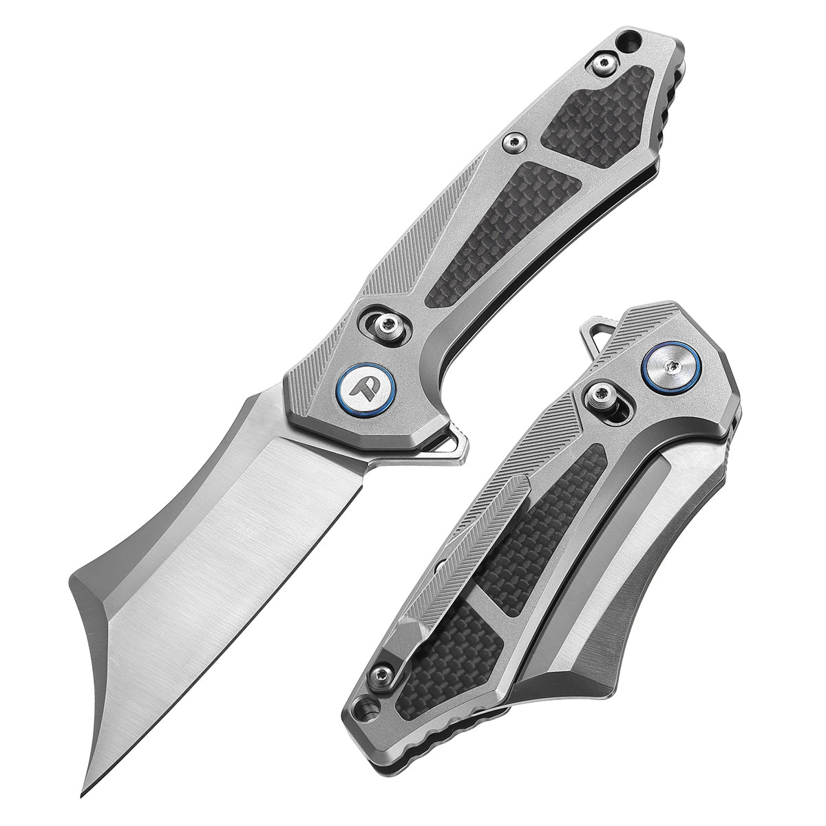 DreamTech D9409G front view, 3.23-inch M390 folding knife with titanium and carbon fiber handle
