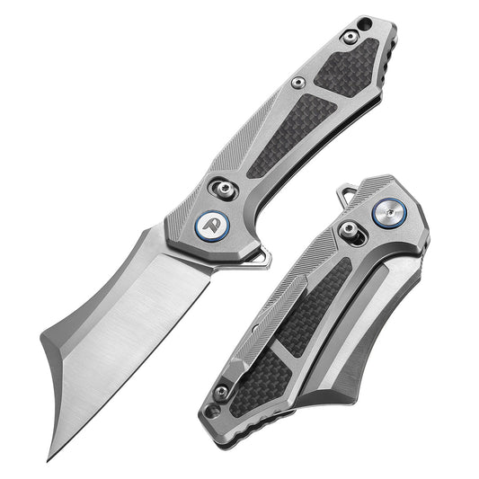 DreamTech D9409G front view, 3.23-inch M390 folding knife with titanium and carbon fiber handle