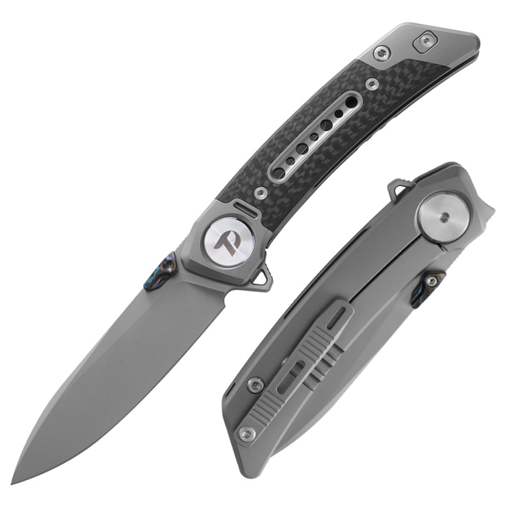 DreamTech D9610CM front view, 3.07-inch M390 drop point folding knife with titanium and carbon fiber handle
