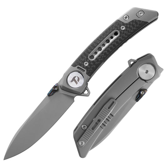 DreamTech D9610CM front view, 3.07-inch M390 drop point folding knife with titanium and carbon fiber handle