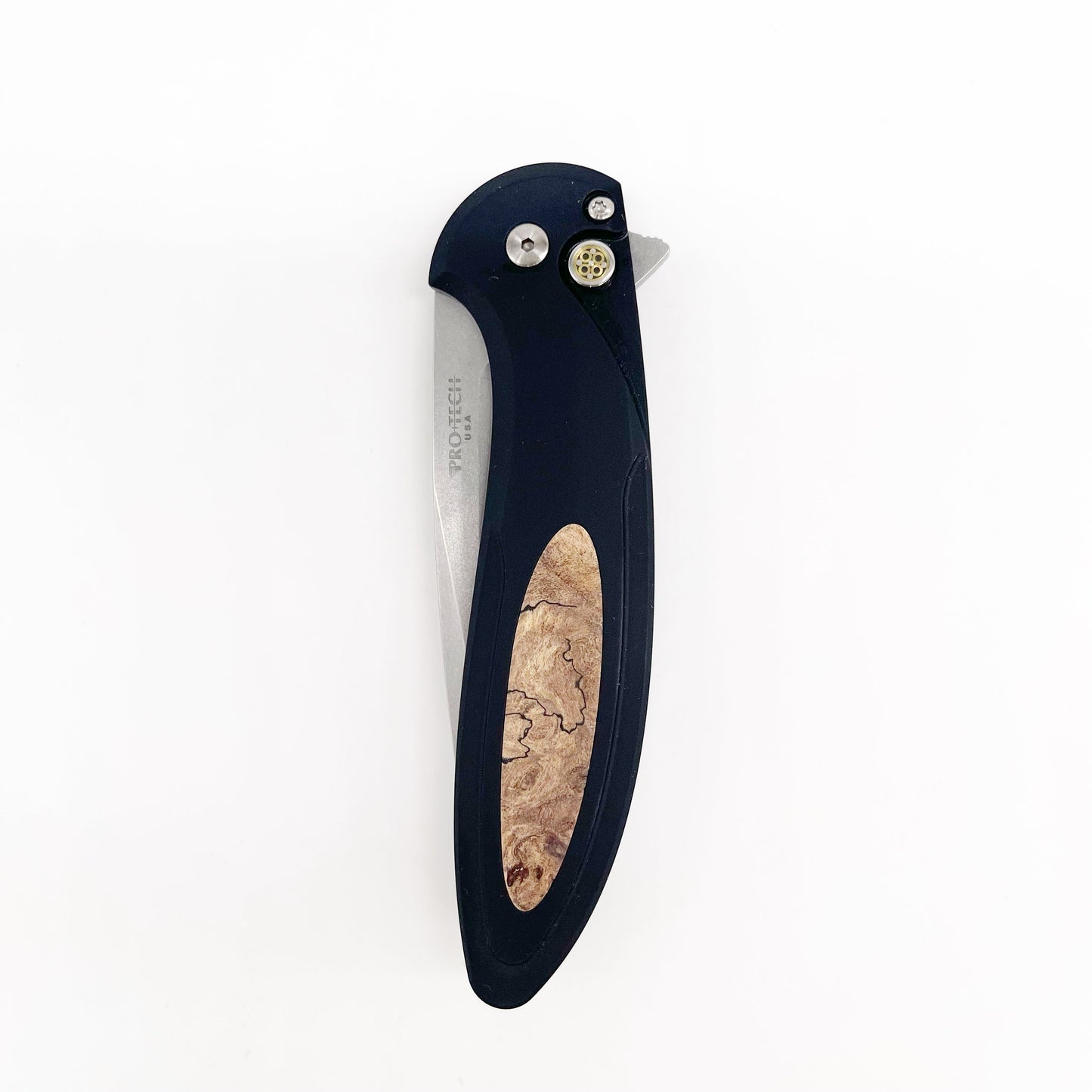 Pro-Tech Cambria 3.5" MagnaCut Button Lock Knife Black Aluminum + Maple Burl – Limited 100 Pieces