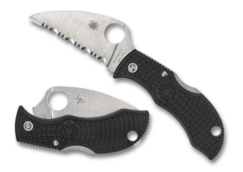 Spyderco Manbug Wharncliffe MBKWS compact folding knife with serrated VG-10 wharncliffe blade and black FRN handle