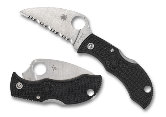 Spyderco Manbug Wharncliffe MBKWS compact folding knife with serrated VG-10 wharncliffe blade and black FRN handle