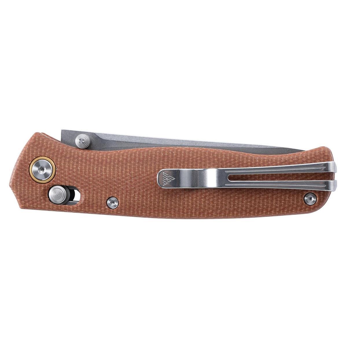 SRM Medal 255L-MN closed view showing brown Micarta scales and deep-carry Ambi pocket clip